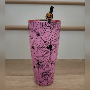 Disney Pink Spiderweb Tumbler Pumpkin Straw Accent Mickey Minnie Mouse Halloween